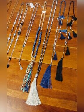 Tassel Beaded Necklace Lot — Blue, Black, Cream 15 Necklaces